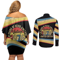 Vintage 1976 Birthday Celebration Couples Matching Off Shoulder Short Dress and Long Sleeve Button Shirt 50th Birthday for Him - Retro Distressed Stripe Pattern
