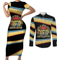 Vintage 1976 Birthday Celebration Couples Matching Short Sleeve Bodycon Dress and Long Sleeve Button Shirt 50th Birthday for Him - Retro Distressed Stripe Pattern