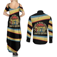 Vintage 1976 Birthday Celebration Couples Matching Summer Maxi Dress and Long Sleeve Button Shirt 50th Birthday for Him - Retro Distressed Stripe Pattern