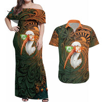 Vintage American White Ibis Couples Matching Off Shoulder Maxi Dress and Hawaiian Shirt Miami Sunglasses Artistic Tribal Wave Pattern