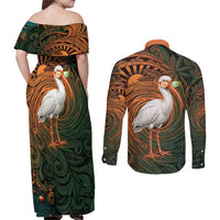 Vintage American White Ibis Couples Matching Off Shoulder Maxi Dress and Long Sleeve Button Shirt Miami Sunglasses Artistic Tribal Wave Pattern