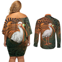 Vintage American White Ibis Couples Matching Off Shoulder Short Dress and Long Sleeve Button Shirt Miami Sunglasses Artistic Tribal Wave Pattern