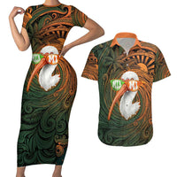 Vintage American White Ibis Couples Matching Short Sleeve Bodycon Dress and Hawaiian Shirt Miami Sunglasses Artistic Tribal Wave Pattern