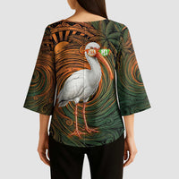Vintage American White Ibis Kimono Sleeve Blouse Miami Sunglasses Artistic Tribal Wave Pattern