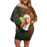 Vintage American White Ibis Off Shoulder Short Dress Miami Sunglasses Artistic Tribal Wave Pattern