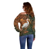 Vintage American White Ibis Off Shoulder Sweater Miami Sunglasses Artistic Tribal Wave Pattern