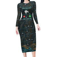 New Zealand is Calling and I Must Go Long Sleeve Bodycon Dress Kiwi Bird Silhouette