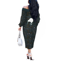 New Zealand is Calling and I Must Go Off The Shoulder Long Sleeve Dress Kiwi Bird Silhouette