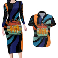 Buddhist Monks Walk For Peace Couples Matching Long Sleeve Bodycon Dress and Hawaiian Shirt with Retro Sunset Swirl Pattern
