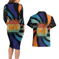 Buddhist Monks Walk For Peace Couples Matching Long Sleeve Bodycon Dress and Hawaiian Shirt with Retro Sunset Swirl Pattern