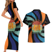Buddhist Monks Walk For Peace Couples Matching Short Sleeve Bodycon Dress and Hawaiian Shirt with Retro Sunset Swirl Pattern