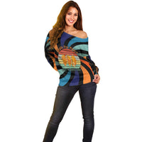 Buddhist Monks Walk For Peace Off Shoulder Sweater with Retro Sunset Swirl Pattern