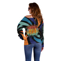 Buddhist Monks Walk For Peace Off Shoulder Sweater with Retro Sunset Swirl Pattern