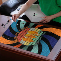 Buddhist Monks Walk For Peace Puzzle with Retro Sunset Swirl Pattern