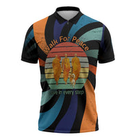 Buddhist Monks Walk For Peace Zipper Polo Shirt with Retro Sunset Swirl Pattern