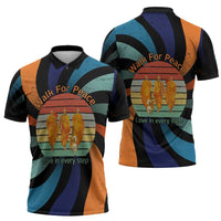 Buddhist Monks Walk For Peace Zipper Polo Shirt with Retro Sunset Swirl Pattern