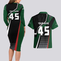 Pakistan Cricket Couples Matching Long Sleeve Bodycon Dress and Hawaiian Shirt Sporty Style with Flag Colors & Player Illustration