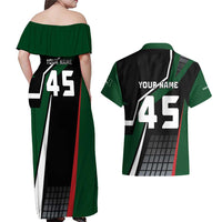 Pakistan Cricket Couples Matching Off Shoulder Maxi Dress and Hawaiian Shirt Sporty Style with Flag Colors & Player Illustration
