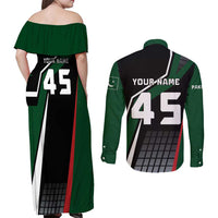 Pakistan Cricket Couples Matching Off Shoulder Maxi Dress and Long Sleeve Button Shirt Sporty Style with Flag Colors & Player Illustration
