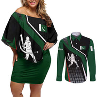 Pakistan Cricket Couples Matching Off Shoulder Short Dress and Long Sleeve Button Shirt Sporty Style with Flag Colors & Player Illustration