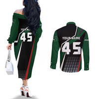 Pakistan Cricket Couples Matching Off The Shoulder Long Sleeve Dress and Long Sleeve Button Shirt Sporty Style with Flag Colors & Player Illustration