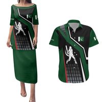 Pakistan Cricket Couples Matching Puletasi and Hawaiian Shirt Sporty Style with Flag Colors & Player Illustration