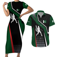 Pakistan Cricket Couples Matching Short Sleeve Bodycon Dress and Hawaiian Shirt Sporty Style with Flag Colors & Player Illustration
