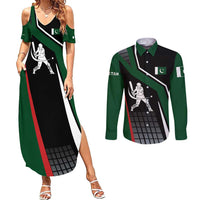 Pakistan Cricket Couples Matching Summer Maxi Dress and Long Sleeve Button Shirt Sporty Style with Flag Colors & Player Illustration