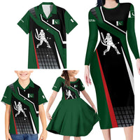 Pakistan Cricket Family Matching Long Sleeve Bodycon Dress and Hawaiian Shirt Sporty Style with Flag Colors & Player Illustration