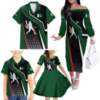 Pakistan Cricket Family Matching Off The Shoulder Long Sleeve Dress and Hawaiian Shirt Sporty Style with Flag Colors & Player Illustration