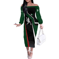 Pakistan Cricket Family Matching Off The Shoulder Long Sleeve Dress and Hawaiian Shirt Sporty Style with Flag Colors & Player Illustration