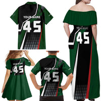Pakistan Cricket Family Matching Off Shoulder Maxi Dress and Hawaiian Shirt Sporty Style with Flag Colors & Player Illustration