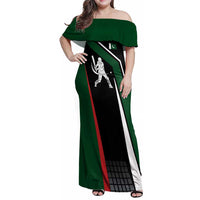Pakistan Cricket Family Matching Off Shoulder Maxi Dress and Hawaiian Shirt Sporty Style with Flag Colors & Player Illustration