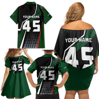 Pakistan Cricket Family Matching Off Shoulder Short Dress and Hawaiian Shirt Sporty Style with Flag Colors & Player Illustration