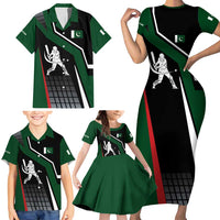 Pakistan Cricket Family Matching Short Sleeve Bodycon Dress and Hawaiian Shirt Sporty Style with Flag Colors & Player Illustration