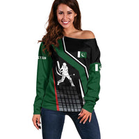 Pakistan Cricket Off Shoulder Sweater Sporty Style with Flag Colors & Player Illustration