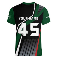 Pakistan Cricket Women V-Neck T-Shirt Sporty Style with Flag Colors & Player Illustration