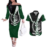 Pakistan Emblem Couples Matching Off The Shoulder Long Sleeve Dress and Hawaiian Shirt Eagle-Shaped Design with National Symbol