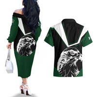 Pakistan Emblem Couples Matching Off The Shoulder Long Sleeve Dress and Hawaiian Shirt Eagle-Shaped Design with National Symbol