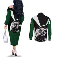 Pakistan Emblem Couples Matching Off The Shoulder Long Sleeve Dress and Long Sleeve Button Shirt Eagle-Shaped Design with National Symbol