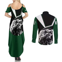 Pakistan Emblem Couples Matching Summer Maxi Dress and Long Sleeve Button Shirt Eagle-Shaped Design with National Symbol