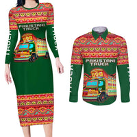 Pakistan Truck Art Couples Matching Long Sleeve Bodycon Dress and Long Sleeve Button Shirt National Emblem & Traditional Patterns