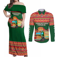 Pakistan Truck Art Couples Matching Off Shoulder Maxi Dress and Long Sleeve Button Shirt National Emblem & Traditional Patterns