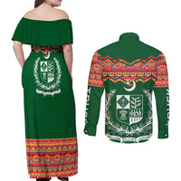 Pakistan Truck Art Couples Matching Off Shoulder Maxi Dress and Long Sleeve Button Shirt National Emblem & Traditional Patterns