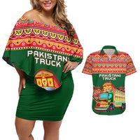 Pakistan Truck Art Couples Matching Off Shoulder Short Dress and Hawaiian Shirt National Emblem & Traditional Patterns