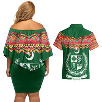 Pakistan Truck Art Couples Matching Off Shoulder Short Dress and Hawaiian Shirt National Emblem & Traditional Patterns