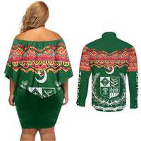 Pakistan Truck Art Couples Matching Off Shoulder Short Dress and Long Sleeve Button Shirt National Emblem & Traditional Patterns