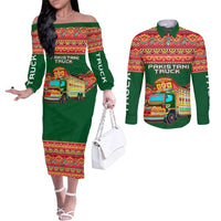 Pakistan Truck Art Couples Matching Off The Shoulder Long Sleeve Dress and Long Sleeve Button Shirt National Emblem & Traditional Patterns
