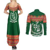 Pakistan Truck Art Couples Matching Summer Maxi Dress and Long Sleeve Button Shirt National Emblem & Traditional Patterns