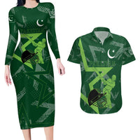 Pakistan Cricket Couples Matching Long Sleeve Bodycon Dress and Hawaiian Shirt Sporty Style with Flag Stars & Player Illustration